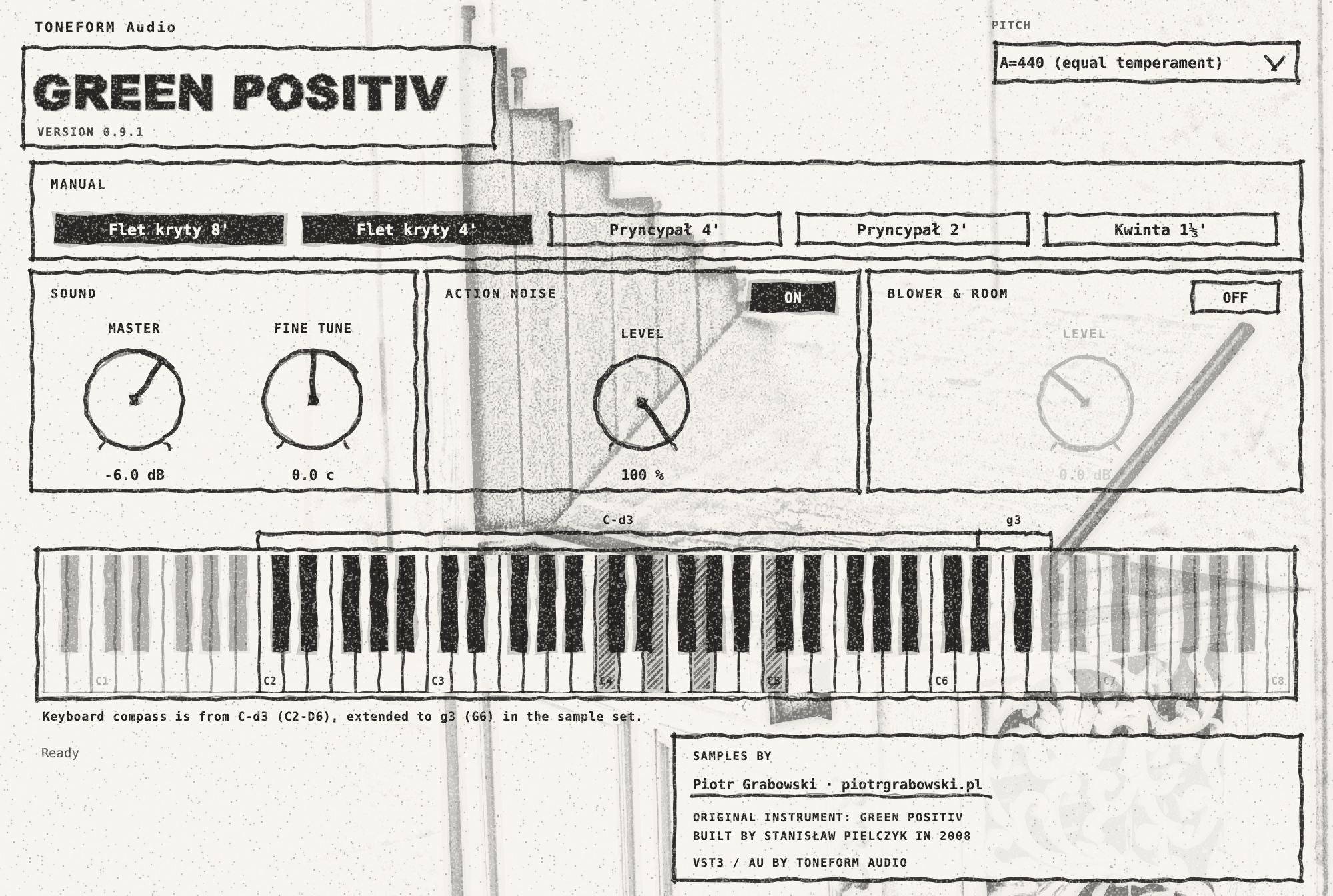 The Green Positiv plug-in window: five stops, three knobs and an 88-key keyboard.